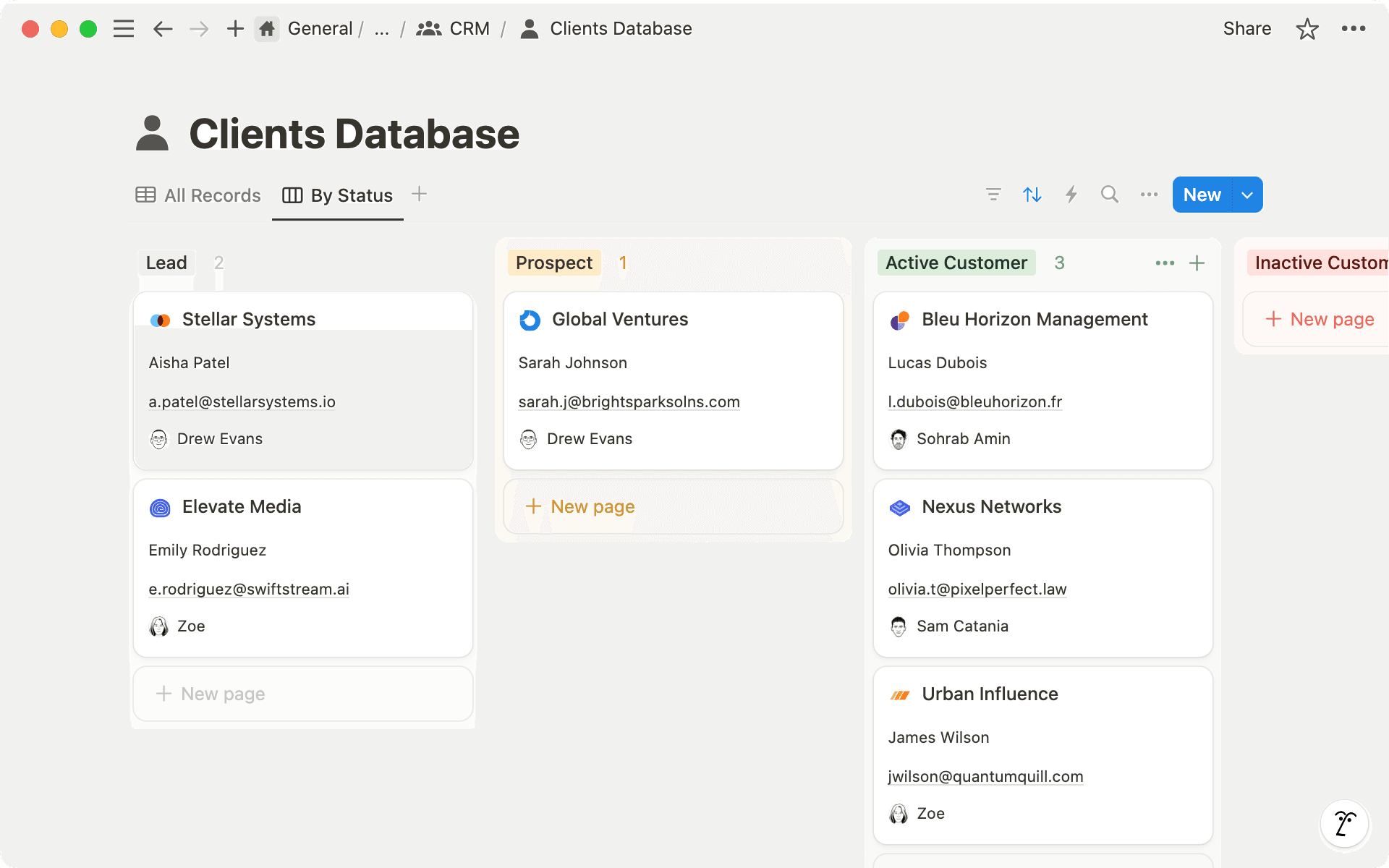 Build a table that captures contact details, lead status, and source for each client.