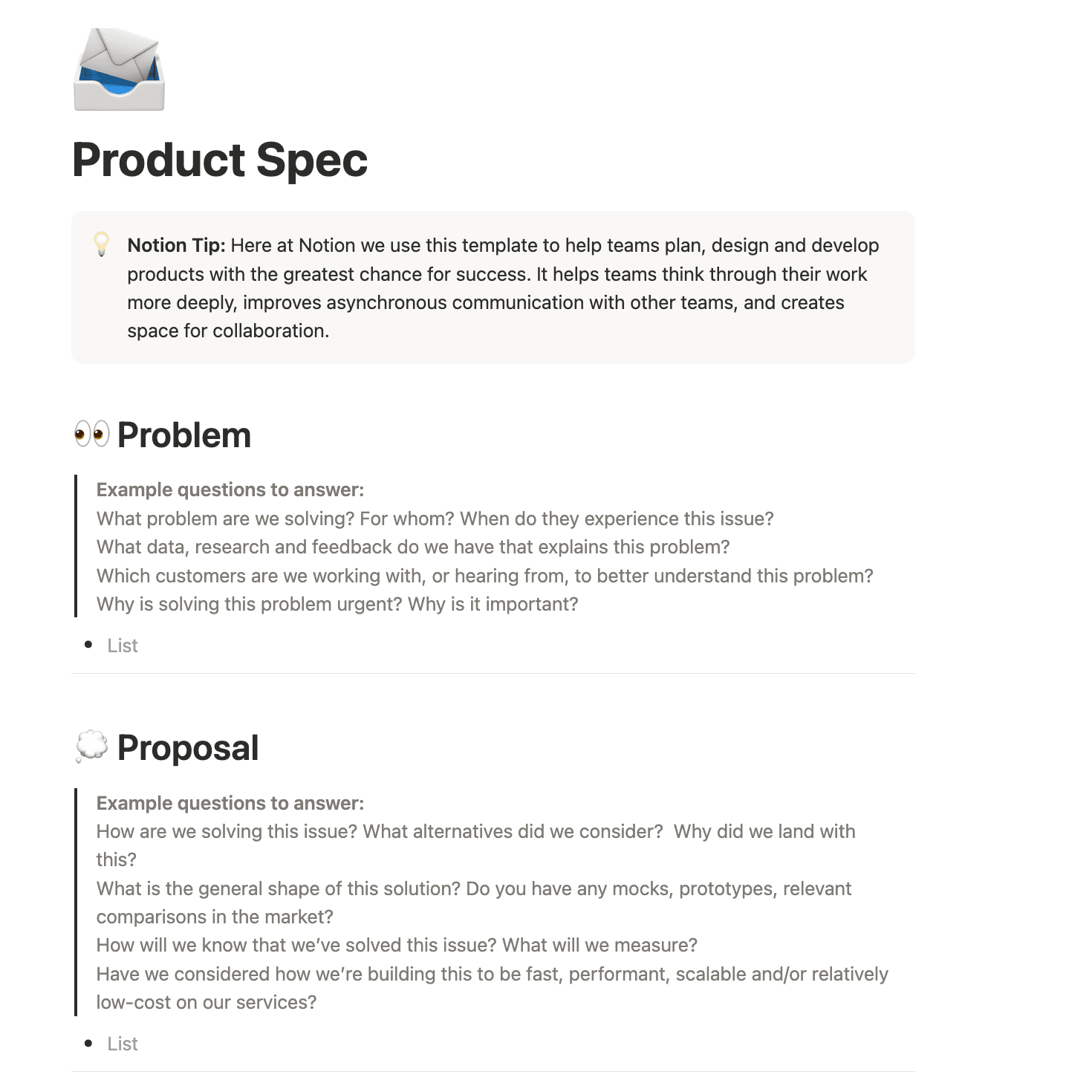 Notion’s product spec template, which shows a problem section with example questions