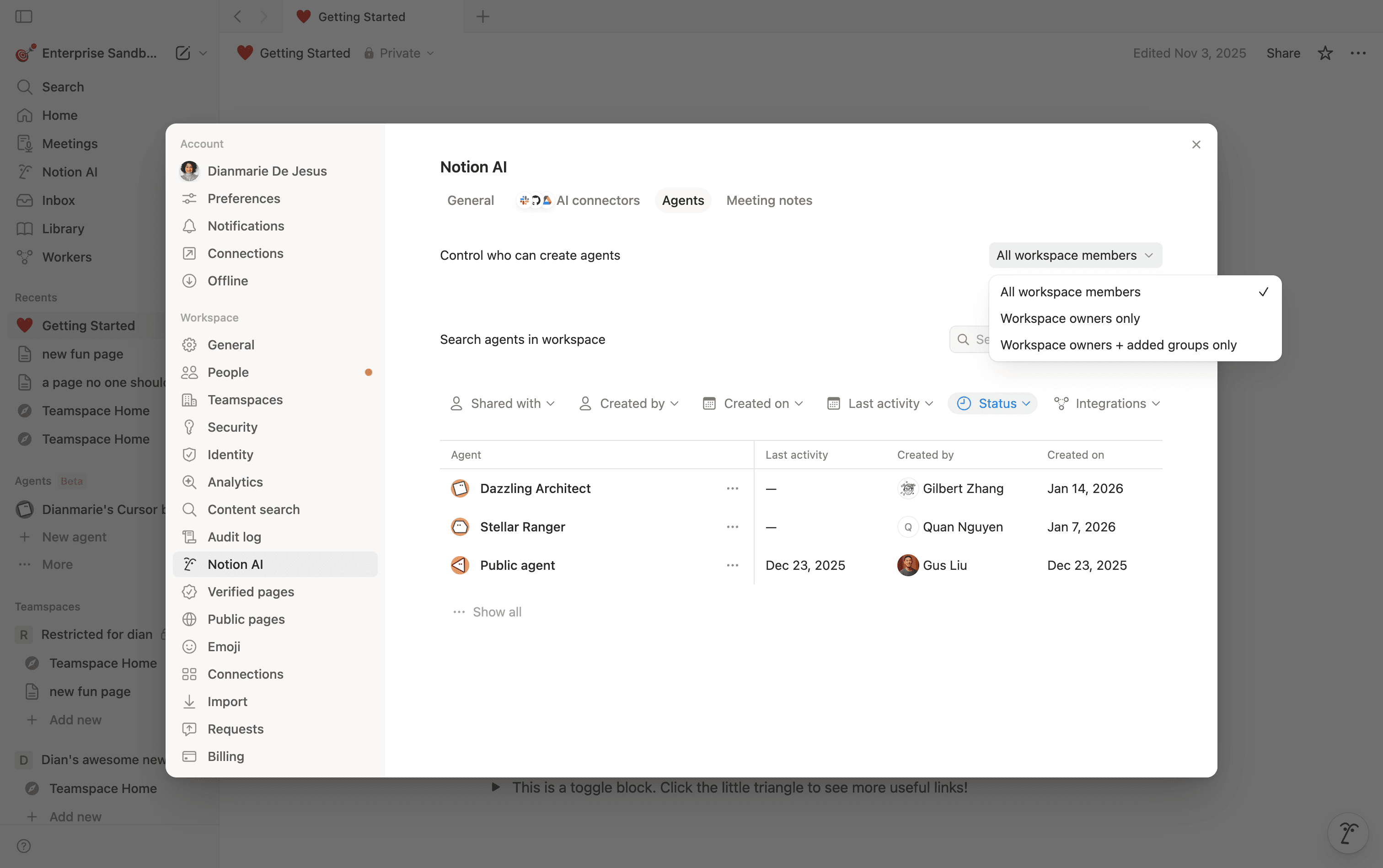 Agent creation settings within Notion Ai.