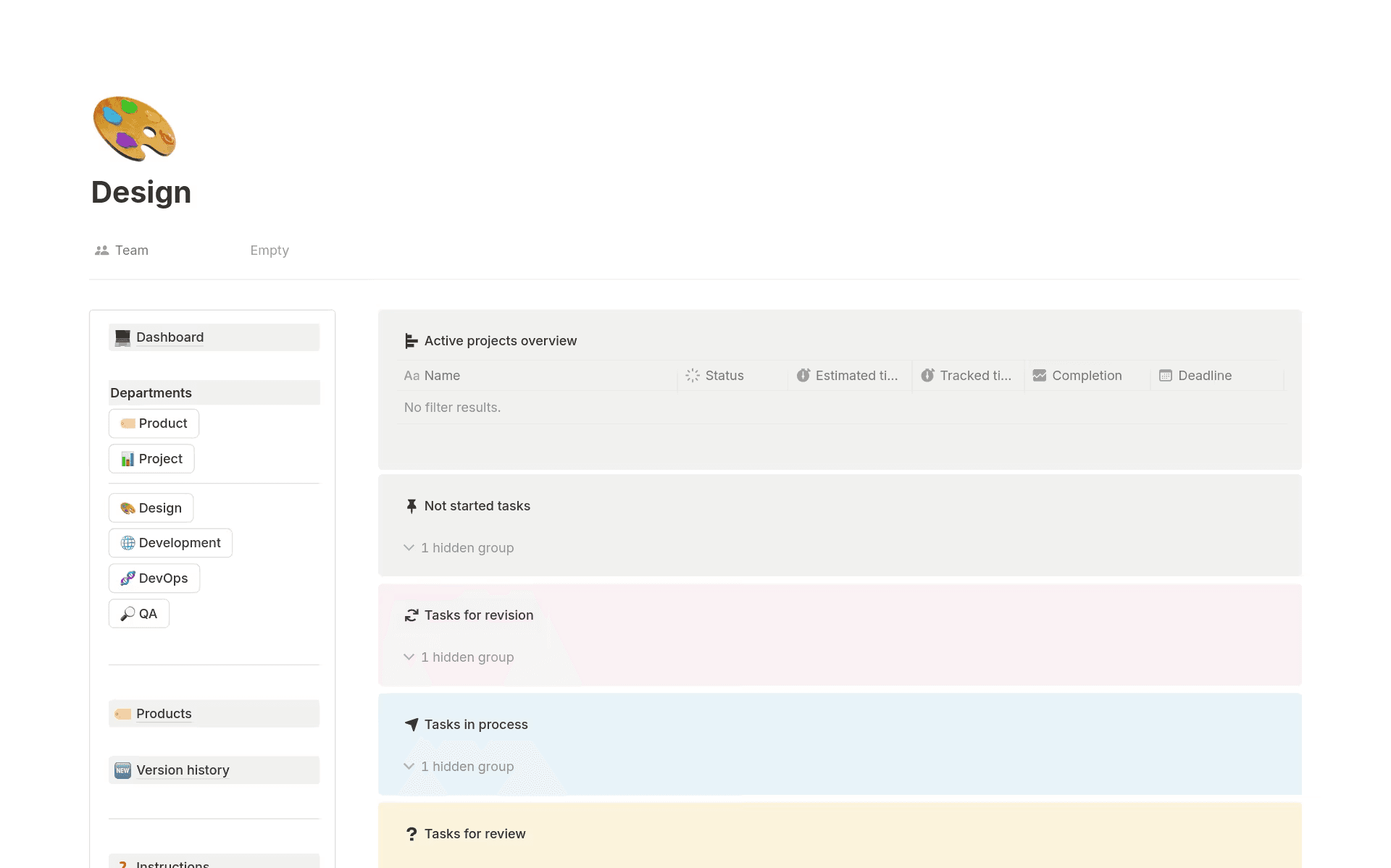 Notion’s software project dashboard, which shows tasks by status to support iterative delivery and continuous feedback