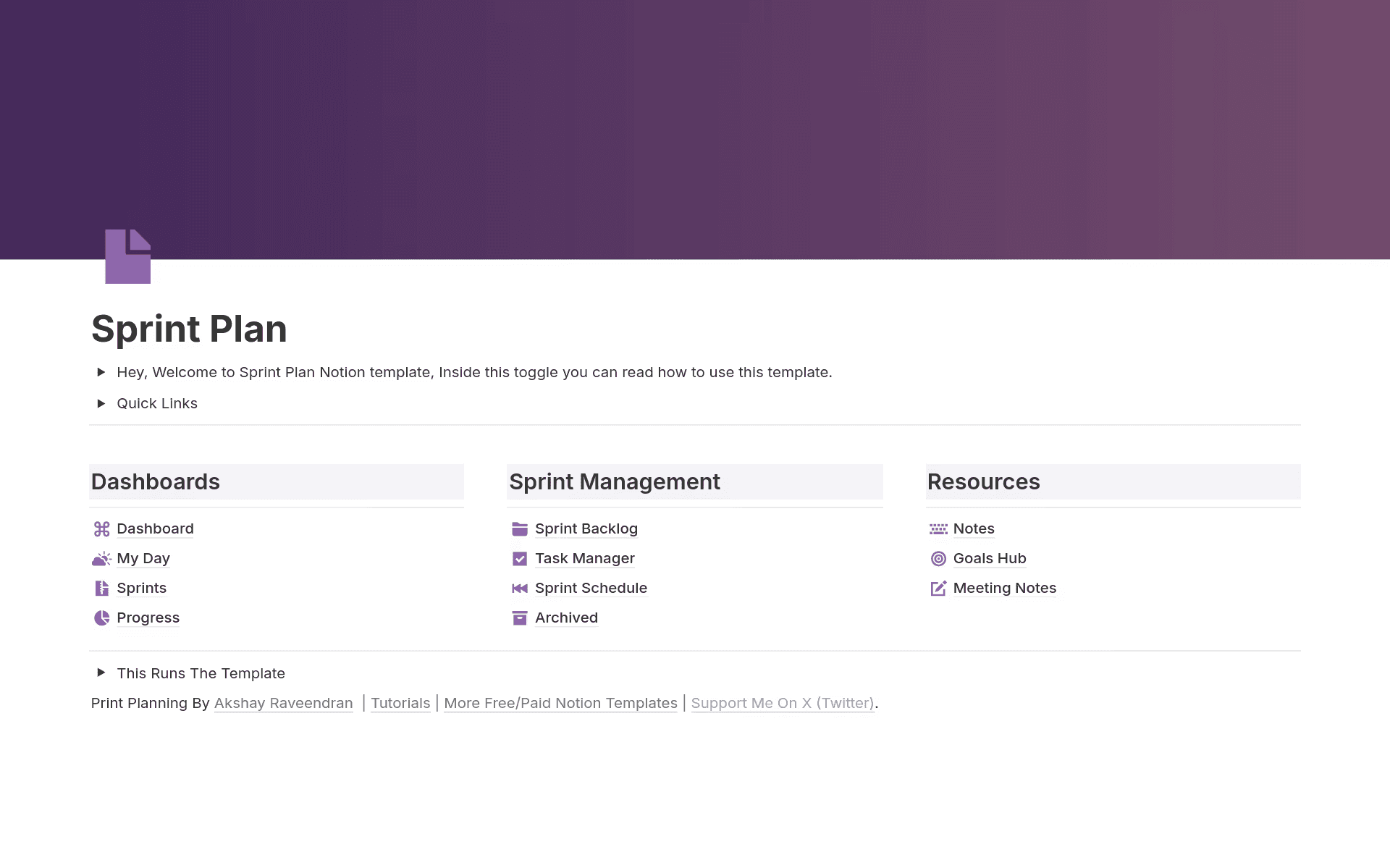 Notion’s sprint plan template, which provides a dashboard, sprint management, and resources
