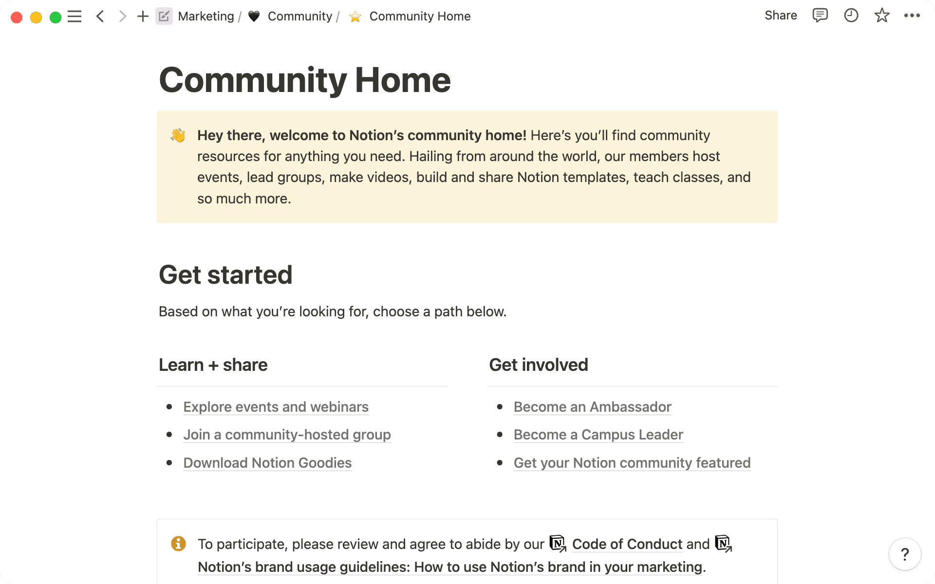 An external page that organizes all important resources for the larger Notion community.